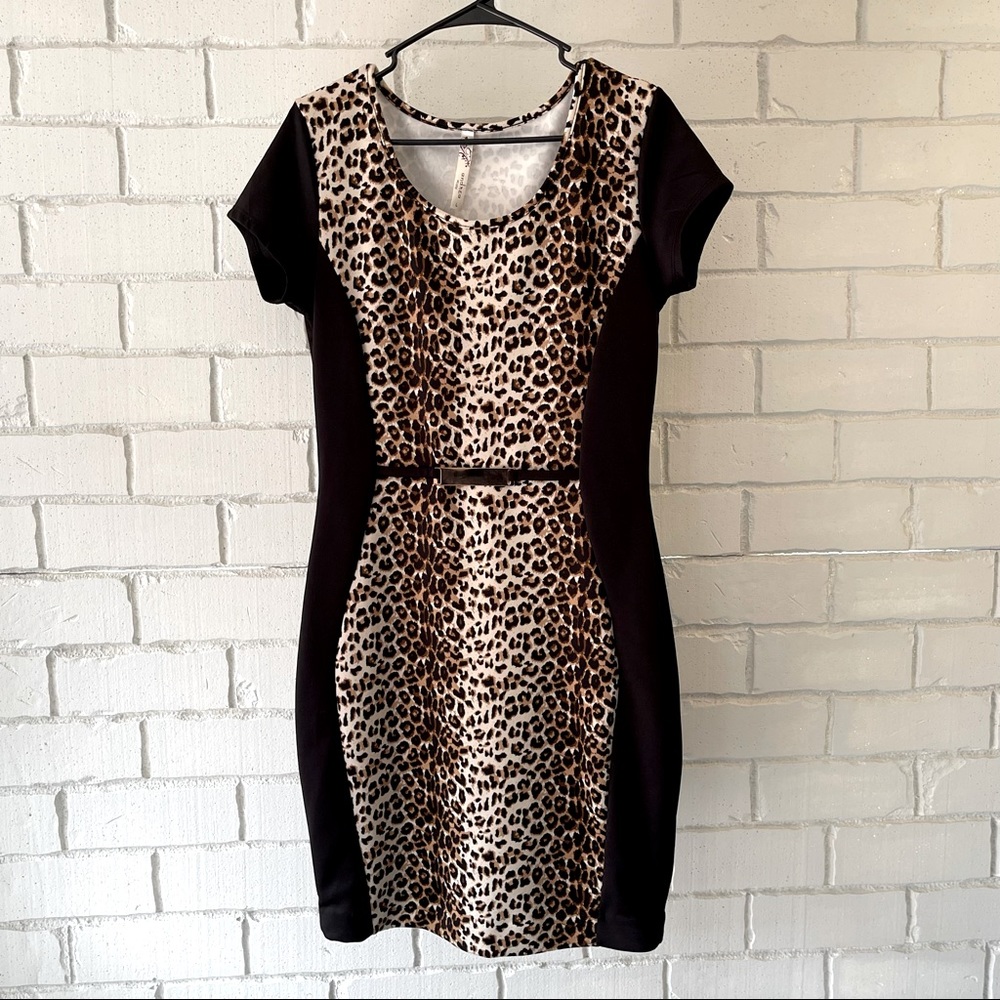 Andrea Missy black and tan cheetah print mid length dress size large